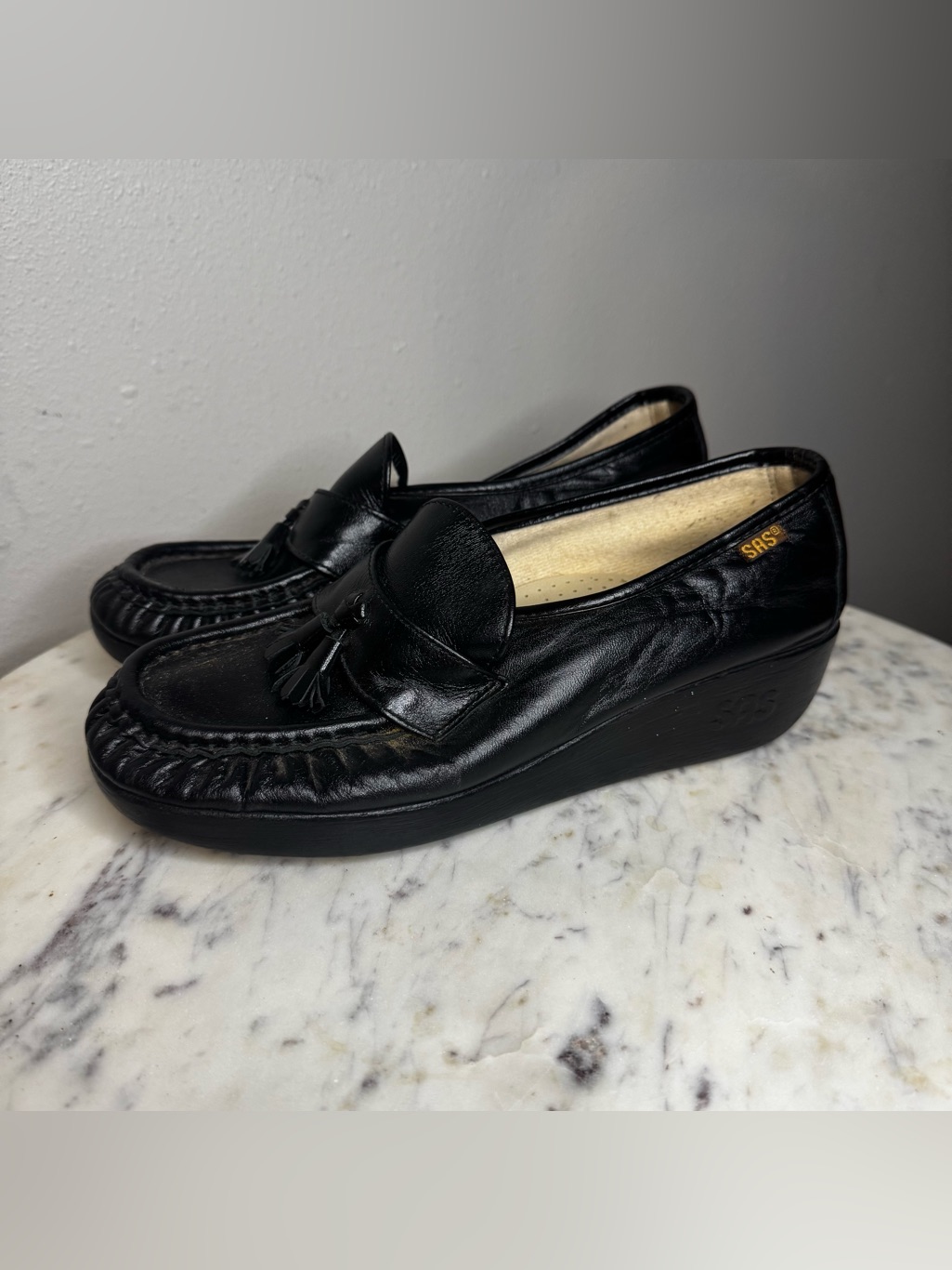 Sas Loafers Size 6.5 M Black Leather Wedges Shoes
